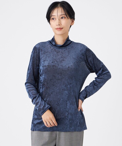 EVEX by KRIZIA(エヴェックスバイクリツィア)の「【マシンウォッシャブル】メッシュベロアハイネックプルオーバー(Tシャツ/カットソー・レディース・ブルー系その他2/ダークネイビー・42/40)」の2枚目の写真