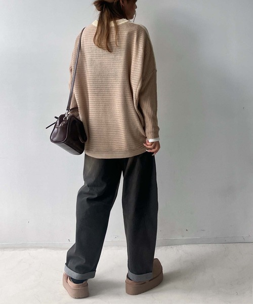 セール】♪袖ケーブル切り替え 配色デザインニットプルオーバー