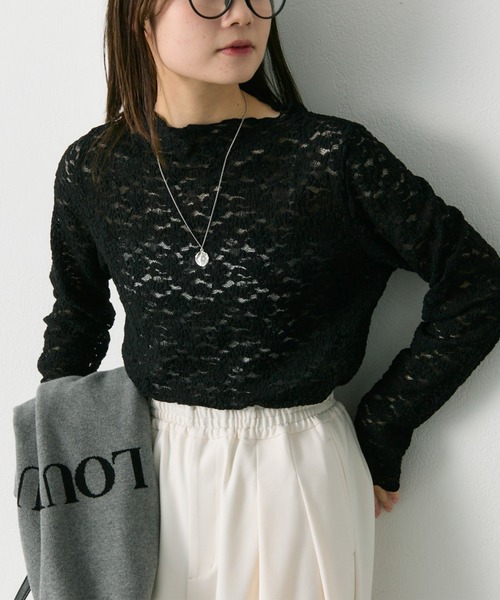 PUAL CE CIN(ピュアルセシン)の「フラワージャガードストレッチレースプチハイネックプルオーバー(Tシャツ/カットソー・レディース・ブラック/オフホワイト・FREE)」の2枚目の写真