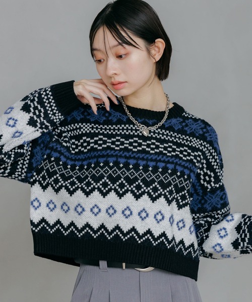 PAGEBOY(ページボーイ)の「ノルディックショートプルオーバー(ニット/セーター・レディース・オフホワイト/ブラック/ブラウン・FREE)」の2枚目の写真