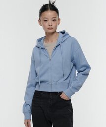 女性用クロップドフード付きスウェットジップアップ[スカイブルー]