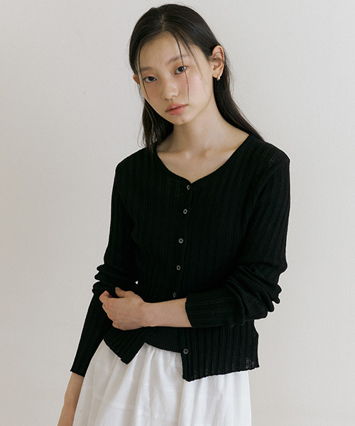 linen blended ribbed knit cardigan-black