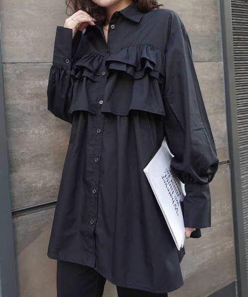 CORNERS（コーナーズ）の「ブロードフリルチュニックブラウス（シャツ/ブラウス・レディース・ブラック/チャコールグレー/ブラウン・M）」の6枚目の写真