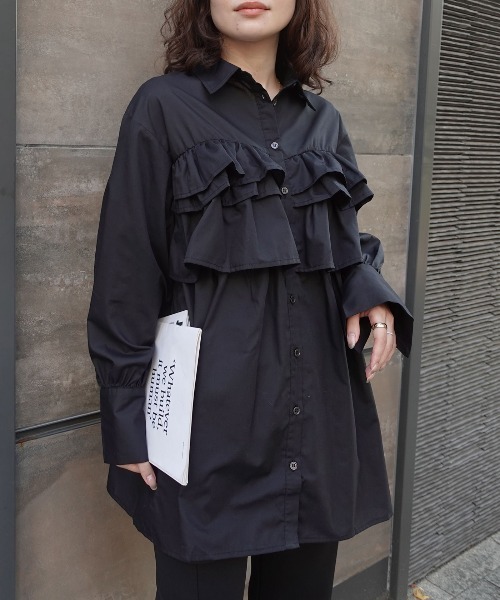 CORNERS（コーナーズ）の「ブロードフリルチュニックブラウス（シャツ/ブラウス・レディース・ブラック/チャコールグレー/ブラウン・M）」の8枚目の写真