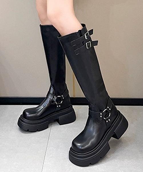 HALEY PESCA(ヘーリーペスカ)の「HALEY PESCA/ベルテッド厚底ロングブーツ(ブーツ・レディース・ブラック/ブラウン・38/36/40)」の1枚目の写真