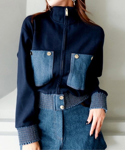 バイカラージップアップデニムブルゾン