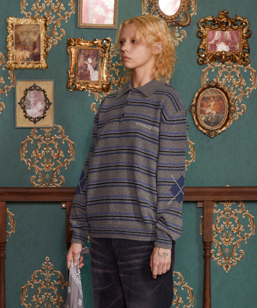 UNALLOYED(アナロイド)の「ストライプロゴニットポロシャツ / グレー(ポロシャツ・レディース・L/M・FREE)」の3枚目の写真