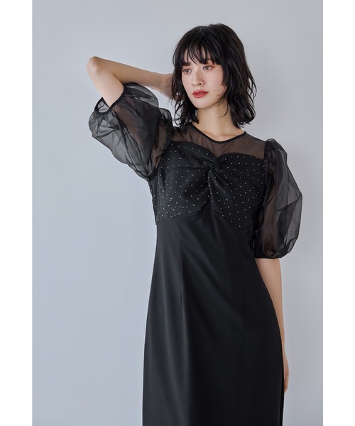 niana(ニアナ)の「ラインストーンツイストパフスリーブドレス パーティードレス オケージョンドレス 結婚式 二次会 同窓会 成人式 お呼ばれワンピース(ドレス・レディース・ブラック/ピンクベージュ/グレイッシュベージュ・M/L)」の5枚目の写真