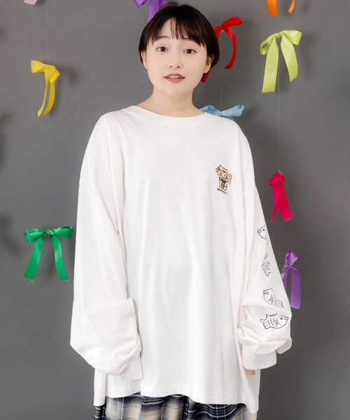 ScoLar Parity（スカラーパリティ）の「353137：タイ焼き招きネコ刺繍ロンT（Tシャツ/カットソー・レディース・オフホワイト/ブラック/ブルー・M）」の5枚目の写真