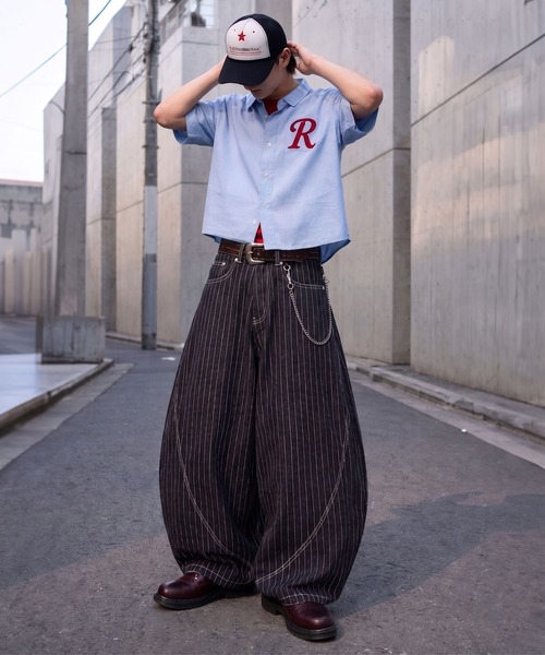 デニムバルーンパンツ/ピンストライプ/カーブシルエット/ユニセックス
