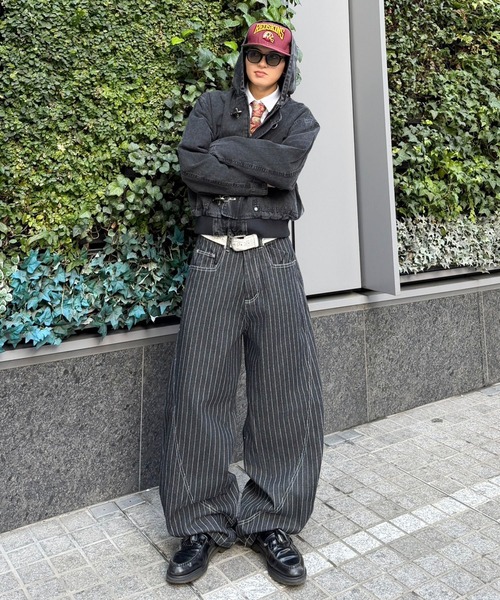 デニムバルーンカーブパンツ/ピンストライプ/ユニセックス（デニム