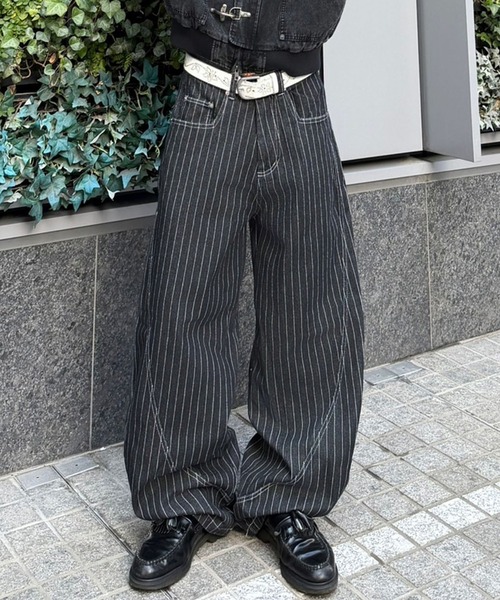 デニムバルーンカーブパンツ/ピンストライプ/ユニセックス（デニム
