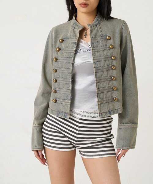 WHO'S WHO gallery(フーズフーギャラリー)の「ナポレオンデニムジャケット(デニムジャケット・レディース・ブラック/サックスブルー・FREE)」の2枚目の写真