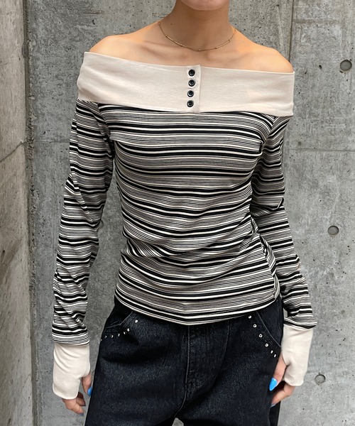 ROGER AND RAW(ロジャーアンドロウ)の「マルチボーダーオフショルトップス(Tシャツ/カットソー・レディース・ボルドー/グレー/ベージュ・FREE)」の4枚目の写真