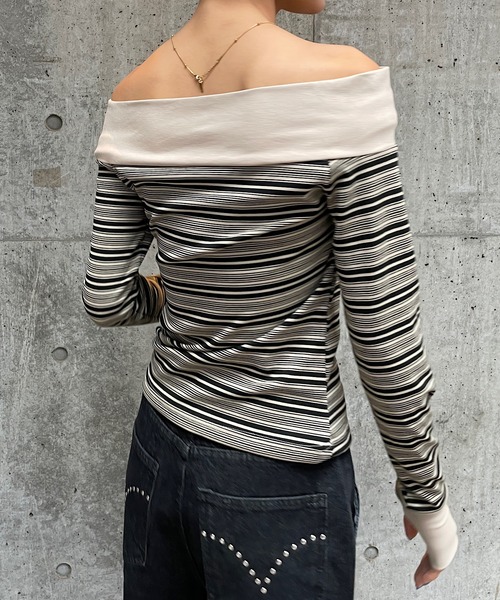 ROGER AND RAW(ロジャーアンドロウ)の「マルチボーダーオフショルトップス(Tシャツ/カットソー・レディース・ボルドー/グレー/ベージュ・FREE)」の8枚目の写真