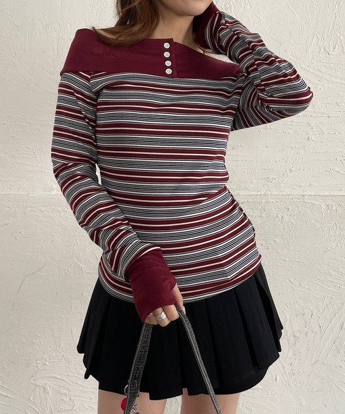 人気 マルチボーダーオフショル Roger&Raw（ロジャーアンドロウ） tシャツ マルチボーダーオフショル