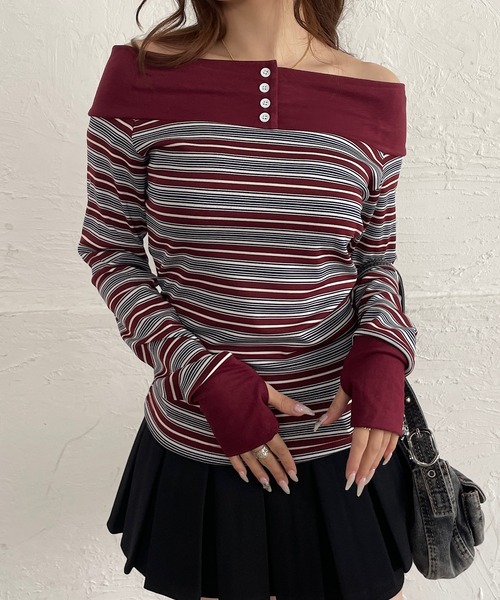 ROGER AND RAW(ロジャーアンドロウ)の「マルチボーダーオフショルトップス(Tシャツ/カットソー・レディース・ボルドー/グレー/ベージュ・FREE)」の14枚目の写真
