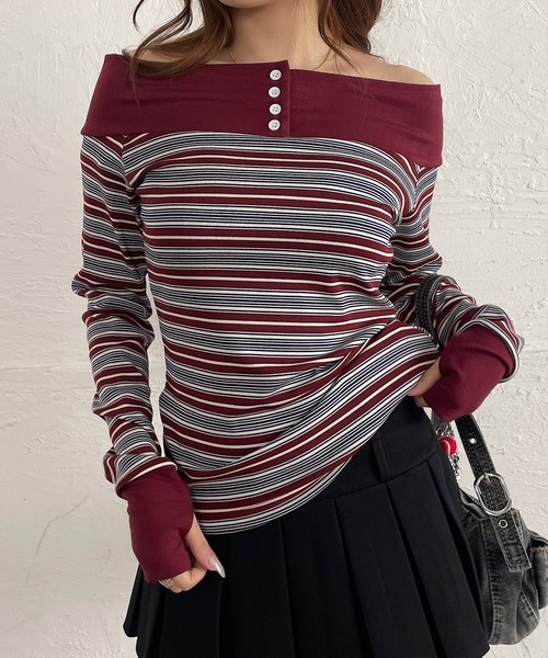 ROGER AND RAW(ロジャーアンドロウ)の「マルチボーダーオフショルトップス(Tシャツ/カットソー・レディース・ボルドー/グレー/ベージュ・FREE)」の15枚目の写真