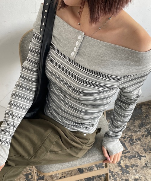人気 マルチボーダーオフショル セール】マルチボーダーオフショルトップス（Tシャツ/カットソー
