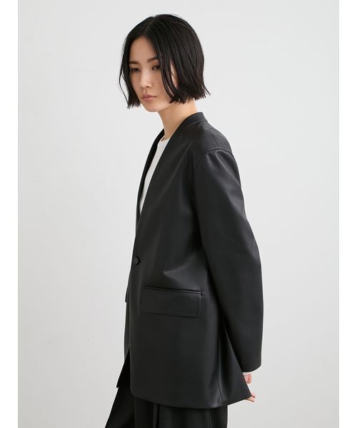 ウォッシャブルレザーノーカラージャケット（ノーカラージャケット