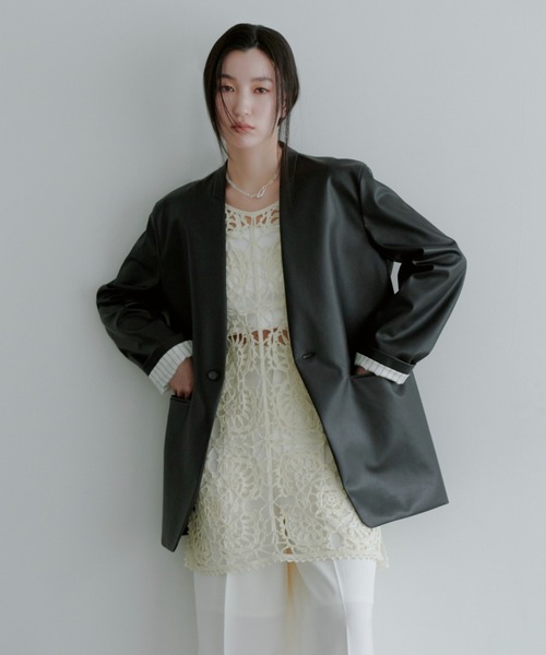 美品　MIESROHE washableノーカラーレザーマニッシュジャケット ウォッシャブルレザーノーカラージャケット（ノーカラージャケット