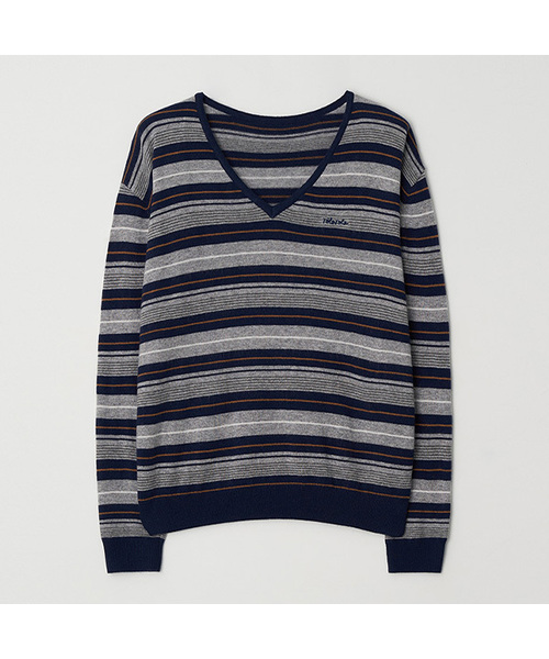 ROLAROLA(ロラロラ)の「STRIPE V NECK KNIT NAVY(ニット/セーター・レディース・ネイビー・FREE)」の1枚目の写真