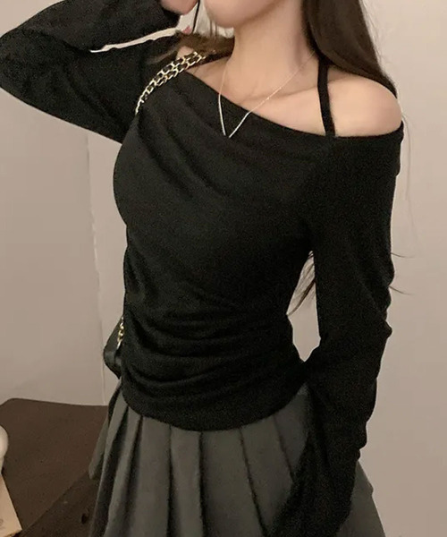 VIVID LADY(ビビッドレディー)の「ホルターネックオフショルダードレープトップス(Tシャツ/カットソー・レディース・チャコールグレー/アイボリー/ブラック・FREE)」の1枚目の写真