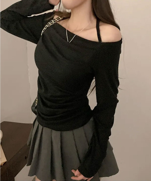 VIVID LADY(ビビッドレディー)の「ホルターネックオフショルダードレープトップス(Tシャツ/カットソー・レディース・チャコールグレー/アイボリー/ブラック・FREE)」の17枚目の写真