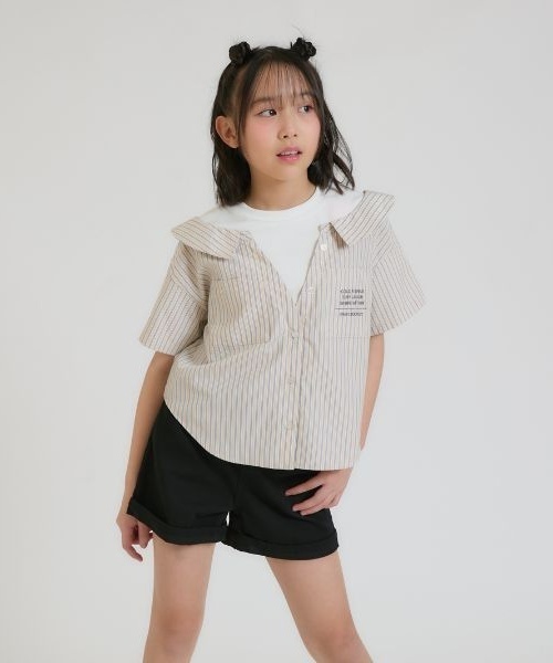 PINK-latte（ピンクラテ）の「シャツドッキング半袖プルオーバー（シャツ/ブラウス・キッズ・ブルー/ライトベージュ・160cm/150cm/140cm/130cm/120cm）」の2枚目の写真