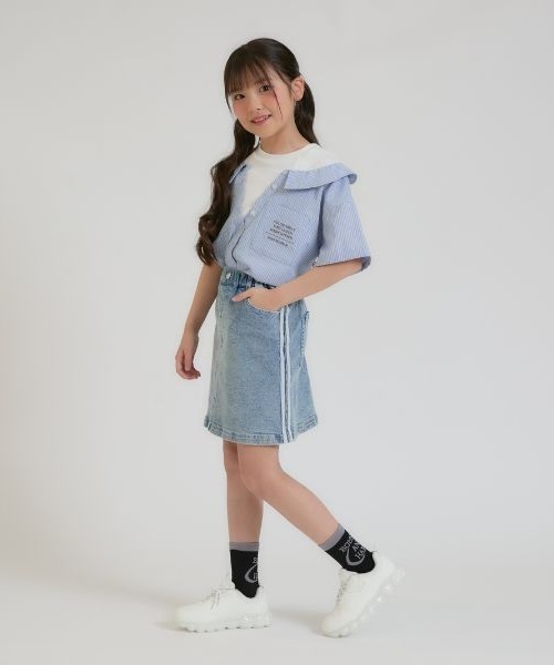 PINK-latte（ピンクラテ）の「シャツドッキング半袖プルオーバー（シャツ/ブラウス・キッズ・ブルー/ライトベージュ・160cm/150cm/140cm/130cm/120cm）」の16枚目の写真