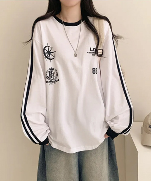 VIVID LADY(ビビッドレディー)の「配色ライン ロングTシャツ 長袖(Tシャツ/カットソー・レディース・ネイビー/ブラック/ホワイト・FREE)」の2枚目の写真