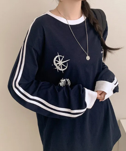 VIVID LADY(ビビッドレディー)の「配色ライン ロングTシャツ 長袖(Tシャツ/カットソー・レディース・ネイビー/ブラック/ホワイト・FREE)」の19枚目の写真