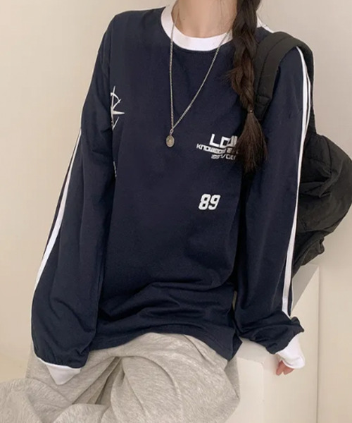 VIVID LADY(ビビッドレディー)の「配色ライン ロングTシャツ 長袖(Tシャツ/カットソー・レディース・ネイビー/ブラック/ホワイト・FREE)」の22枚目の写真