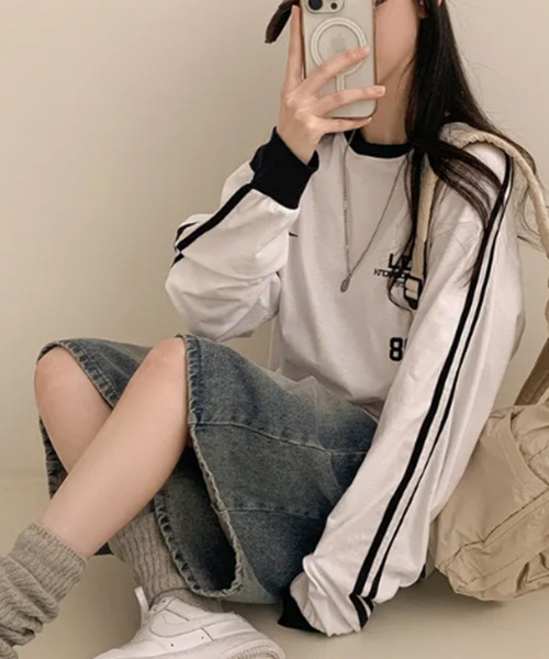 VIVID LADY(ビビッドレディー)の「配色ライン ロングTシャツ 長袖(Tシャツ/カットソー・レディース・ネイビー/ブラック/ホワイト・FREE)」の4枚目の写真