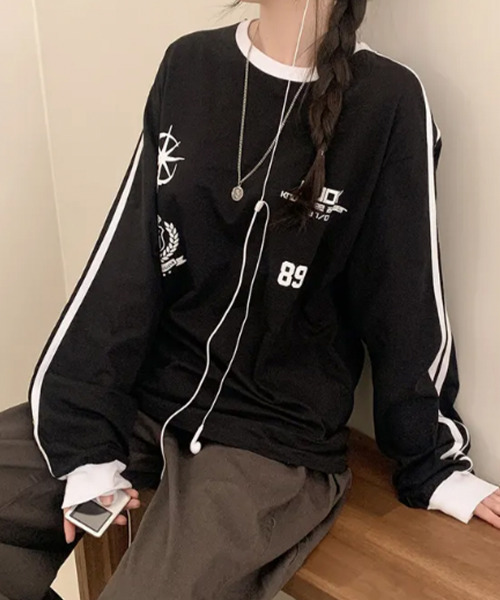 VIVID LADY(ビビッドレディー)の「配色ライン ロングTシャツ 長袖(Tシャツ/カットソー・レディース・ネイビー/ブラック/ホワイト・FREE)」の6枚目の写真