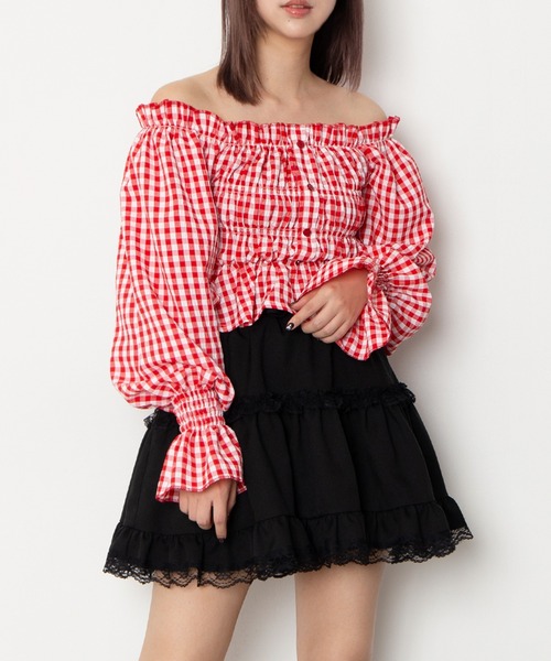 PUNYUS（プニュズ）の「2wayギンガムチェックブラウス（シャツ/ブラウス・レディース・ブラック/レッド/ホワイト・4/3/2/1）」の3枚目の写真