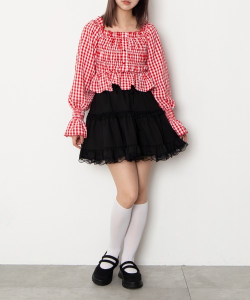 PUNYUS（プニュズ）の「2wayギンガムチェックブラウス（シャツ/ブラウス・レディース・ブラック/レッド/ホワイト・4/3/2/1）」の9枚目の写真