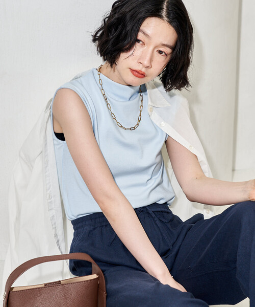 FREAK'S STORE（フリークスストア）の「コットンモダール ボトルネックノースリーブTシャツ（Tシャツ/カットソー・レディース・ネイビー/サックスブルー/ブラウン/ブラック/ホワイト・MEDIUM/SMALL）」の5枚目の写真