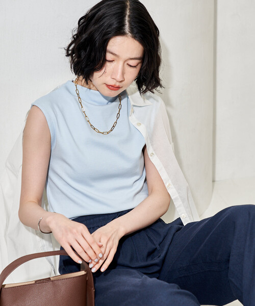 FREAK'S STORE（フリークスストア）の「コットンモダール ボトルネックノースリーブTシャツ（Tシャツ/カットソー・レディース・ネイビー/サックスブルー/ブラウン/ブラック/ホワイト・MEDIUM/SMALL）」の9枚目の写真