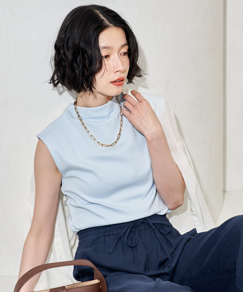 FREAK'S STORE（フリークスストア）の「コットンモダール ボトルネックノースリーブTシャツ（Tシャツ/カットソー・レディース・ネイビー/サックスブルー/ブラウン/ブラック/ホワイト・MEDIUM/SMALL）」の10枚目の写真