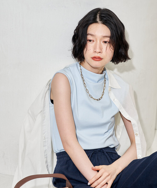 FREAK'S STORE（フリークスストア）の「コットンモダール ボトルネックノースリーブTシャツ（Tシャツ/カットソー・レディース・ネイビー/サックスブルー/ブラウン/ブラック/ホワイト・MEDIUM/SMALL）」の11枚目の写真