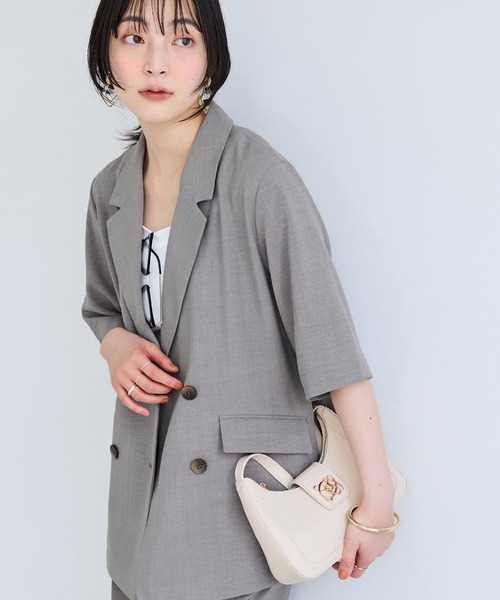 VIS（ビス）の「美easyハーフスリーブダブルジャケット/イージーケア・接触冷感・セットアップ対応（テーラードジャケット・レディース・キナリ/グレー/ブラック・S/M）」の3枚目の写真