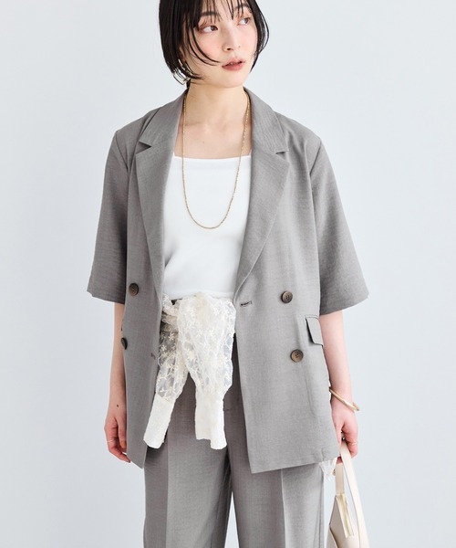 VIS（ビス）の「美easyハーフスリーブダブルジャケット/イージーケア・接触冷感・セットアップ対応（テーラードジャケット・レディース・キナリ/グレー/ブラック・S/M）」の13枚目の写真