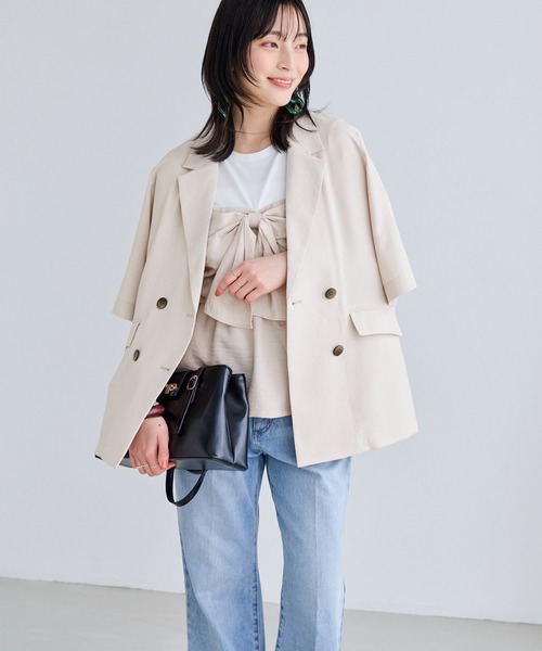 VIS（ビス）の「美easyハーフスリーブダブルジャケット/イージーケア・接触冷感・セットアップ対応（テーラードジャケット・レディース・キナリ/グレー/ブラック・S/M）」の21枚目の写真