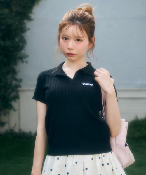 TITTY&CO.（ティティーアンドコー）の「ワンポイントロゴ入り半袖ニット（Tシャツ/カットソー・レディース・グレー/ベージュ/ブラック/アイボリー/ホワイト・FREE）」の21枚目の写真