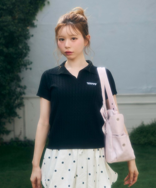 TITTY&CO.（ティティーアンドコー）の「ワンポイントロゴ入り半袖ニット（Tシャツ/カットソー・レディース・グレー/ベージュ/ブラック/アイボリー/ホワイト・FREE）」の20枚目の写真
