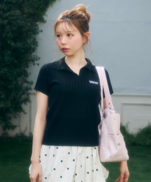 TITTY&CO.（ティティーアンドコー）の「ワンポイントロゴ入り半袖ニット（Tシャツ/カットソー・レディース・グレー/ベージュ/ブラック/アイボリー/ホワイト・FREE）」の19枚目の写真