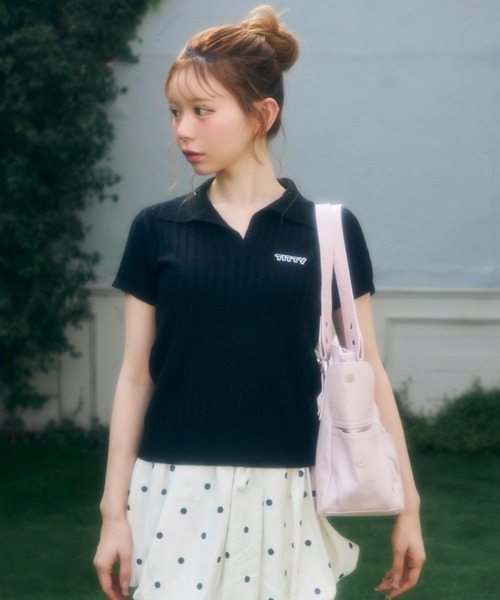 TITTY&CO.（ティティーアンドコー）の「ワンポイントロゴ入り半袖ニット（Tシャツ/カットソー・レディース・グレー/ベージュ/ブラック/アイボリー/ホワイト・FREE）」の17枚目の写真