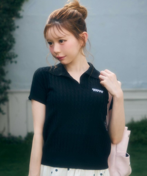 TITTY&CO.（ティティーアンドコー）の「ワンポイントロゴ入り半袖ニット（Tシャツ/カットソー・レディース・グレー/ベージュ/ブラック/アイボリー/ホワイト・FREE）」の16枚目の写真