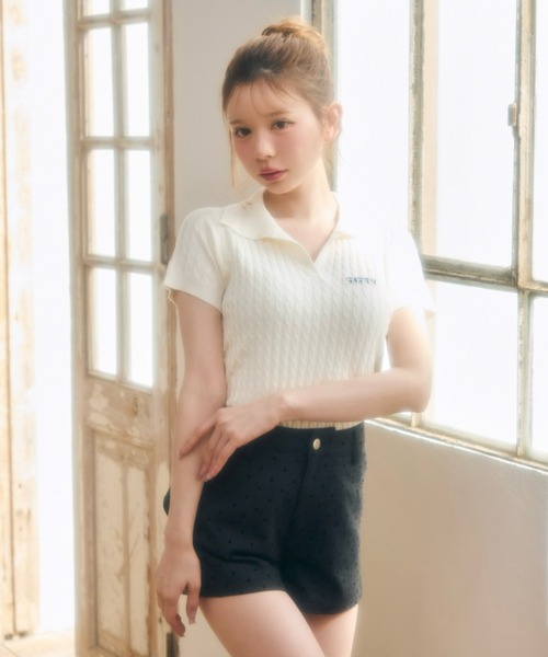 TITTY&CO.（ティティーアンドコー）の「ワンポイントロゴ入り半袖ニット（Tシャツ/カットソー・レディース・グレー/ベージュ/ブラック/アイボリー/ホワイト・FREE）」の11枚目の写真
